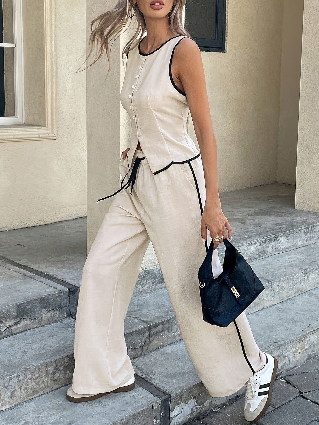 ☀️ 60% OFF TODAY ☀️ Women's Sleeveless Tank & Pants Set - Contrast Binding, Drawstring Waist | Trendy Co-ord, Breathable & No-Fuss Outfits | UK Sizes