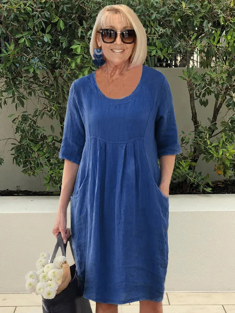 🌸Spring Specials💐 Solid Color Cotton Linen Pockets Tunic Midi Dress