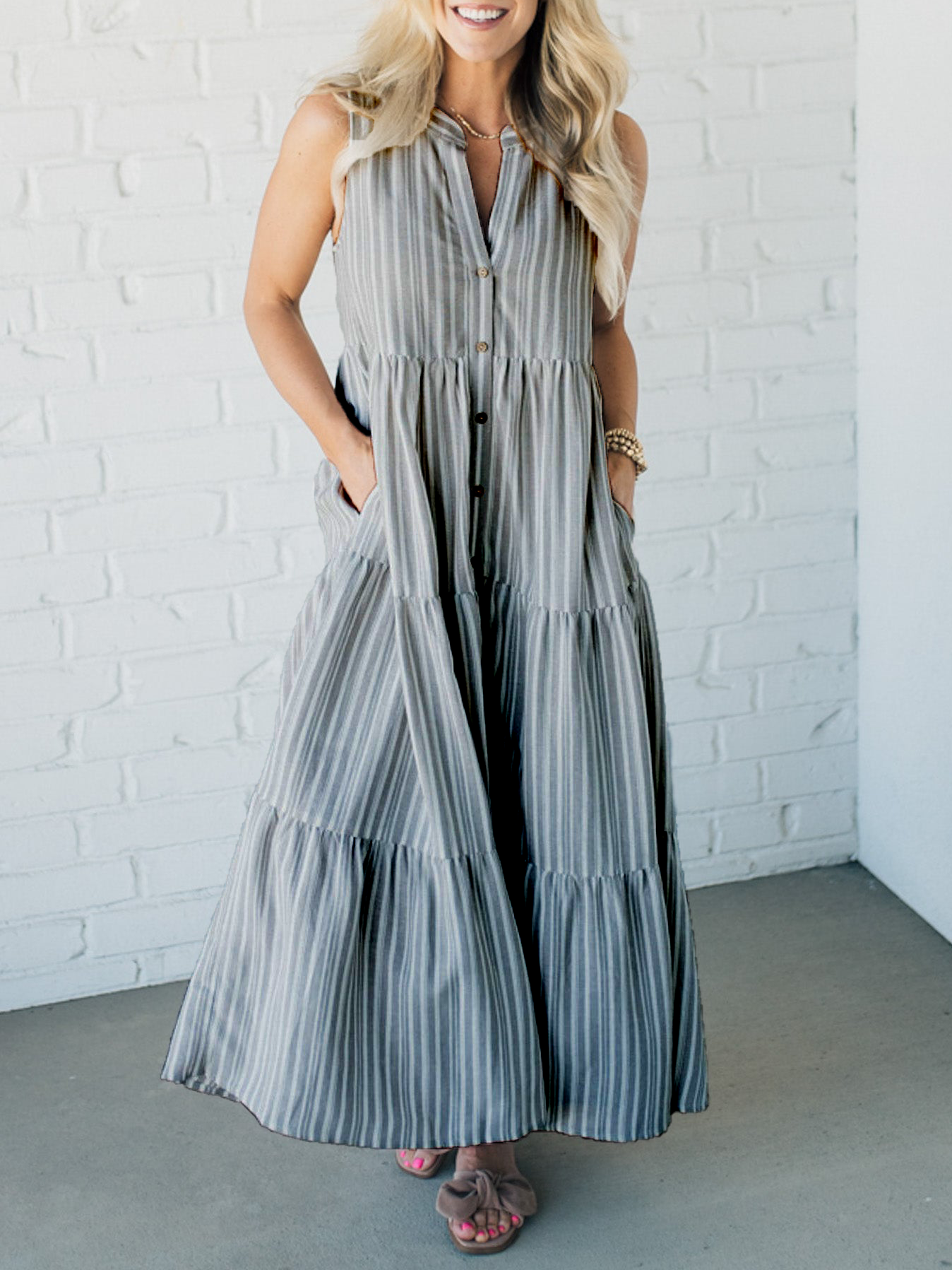 Women's V Neck Striped Button Front Tiered Dress👗