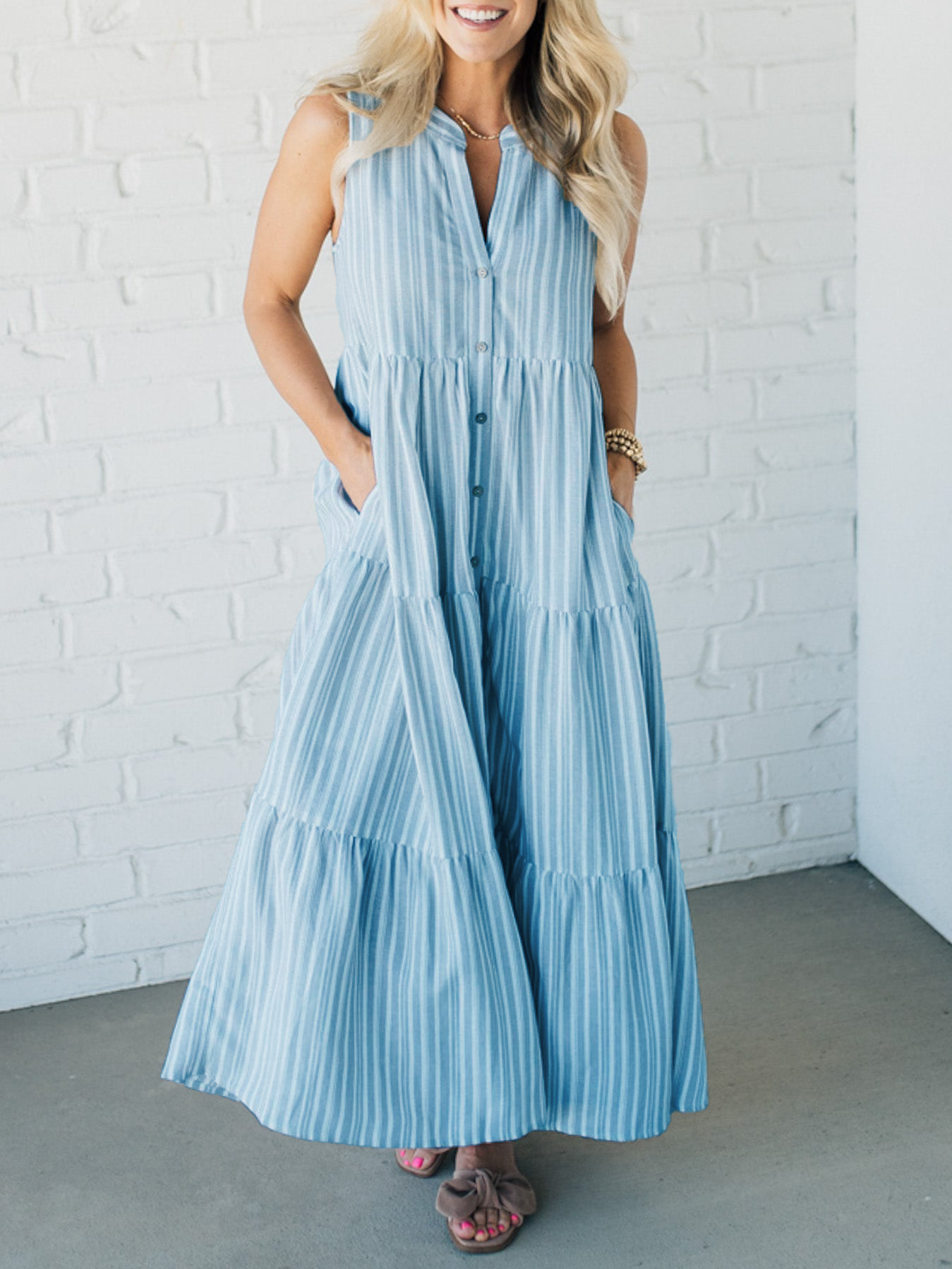 Women's V Neck Striped Button Front Tiered Dress👗