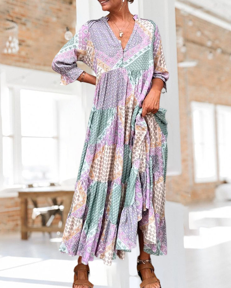 🔥2025 NEW SALES - 50% OFF🔥Color Block Print Dress with 3/4 Sleeves