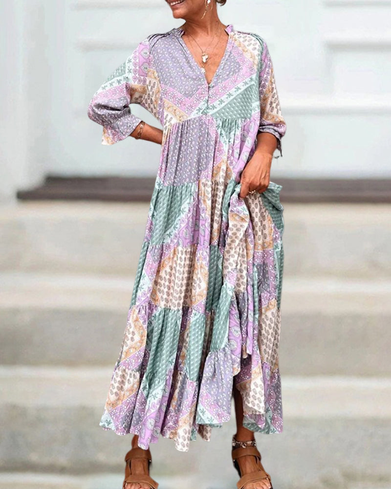 🔥2025 NEW SALES - 50% OFF🔥Color Block Print Dress with 3/4 Sleeves