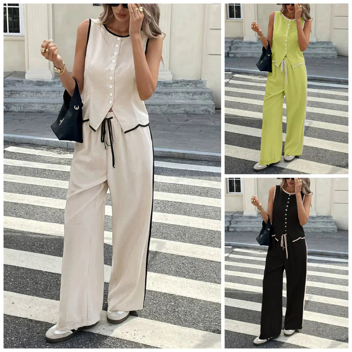 ☀️ 60% OFF TODAY ☀️ Women's Sleeveless Tank & Pants Set - Contrast Binding, Drawstring Waist | Trendy Co-ord, Breathable & No-Fuss Outfits | UK Sizes