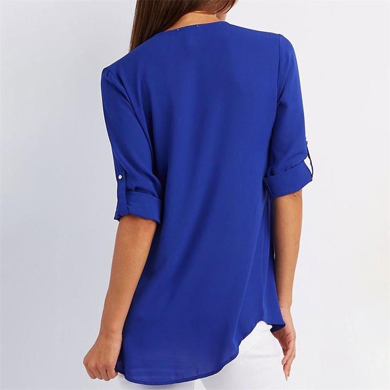 🔥Women's V-Neck Zip Large Size Adjustable Cuff Chiffon Shirt