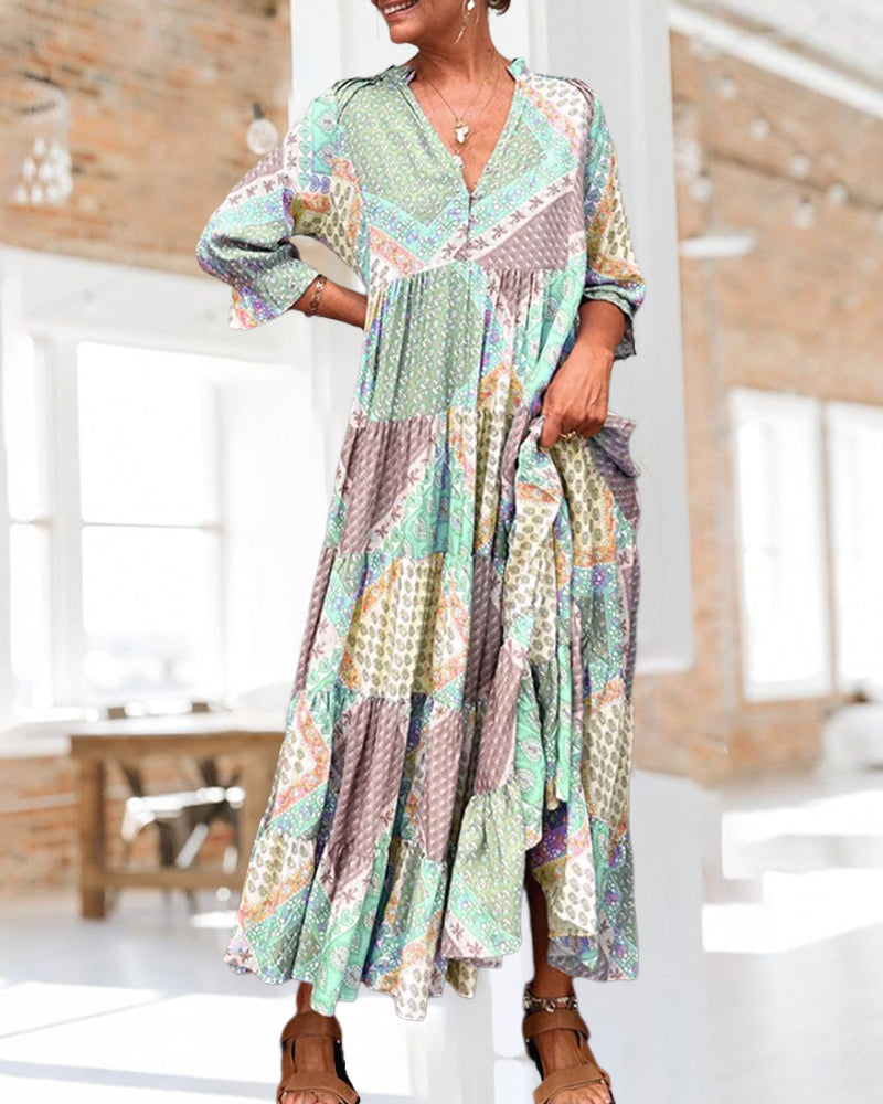 🔥2025 NEW SALES - 50% OFF🔥Color Block Print Dress with 3/4 Sleeves