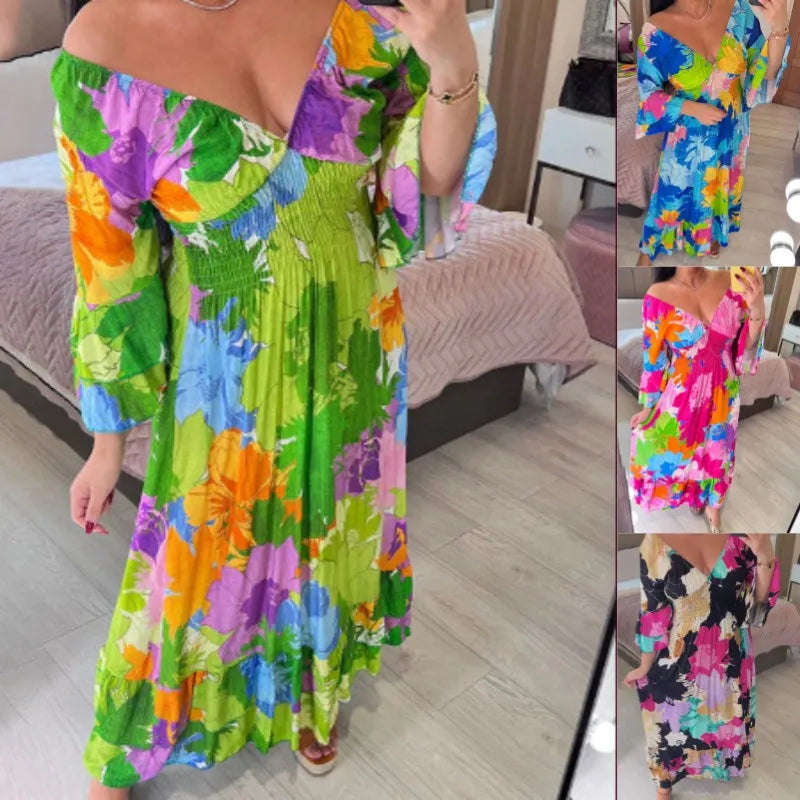 2024 Hot Saleš„šV-neck Floral Seaside Vacation Loose Dress