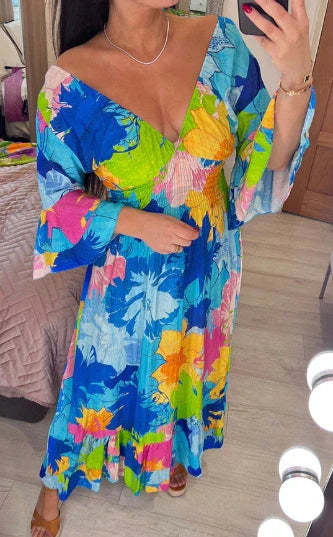 2024 Hot Saleš„šV-neck Floral Seaside Vacation Loose Dress