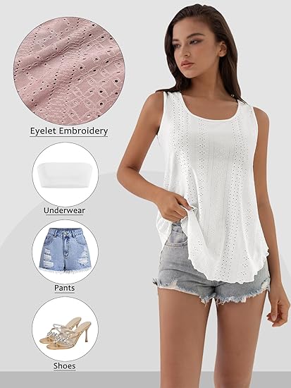 🎁Womens Tank Tops Sleeveless EyeletEmbroidery Scoop Neck Loose Fit Casual SummerFlowy