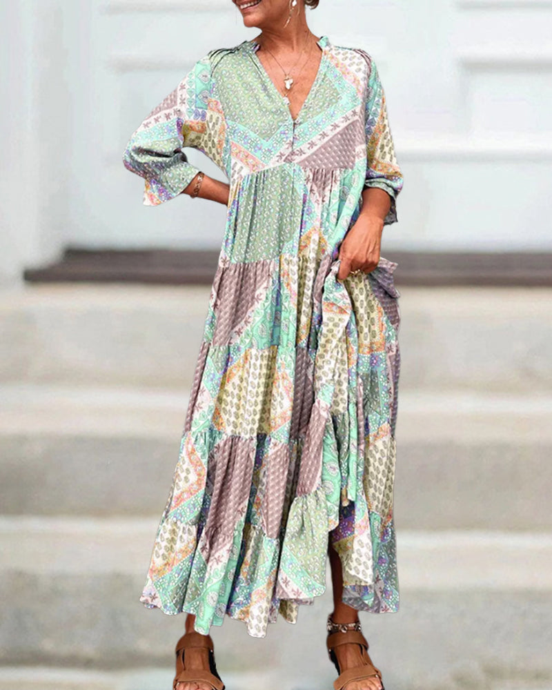 🔥2025 NEW SALES - 50% OFF🔥Color Block Print Dress with 3/4 Sleeves