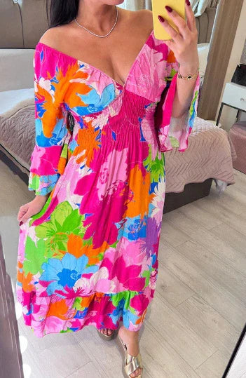 2024 Hot Saleš„šV-neck Floral Seaside Vacation Loose Dress