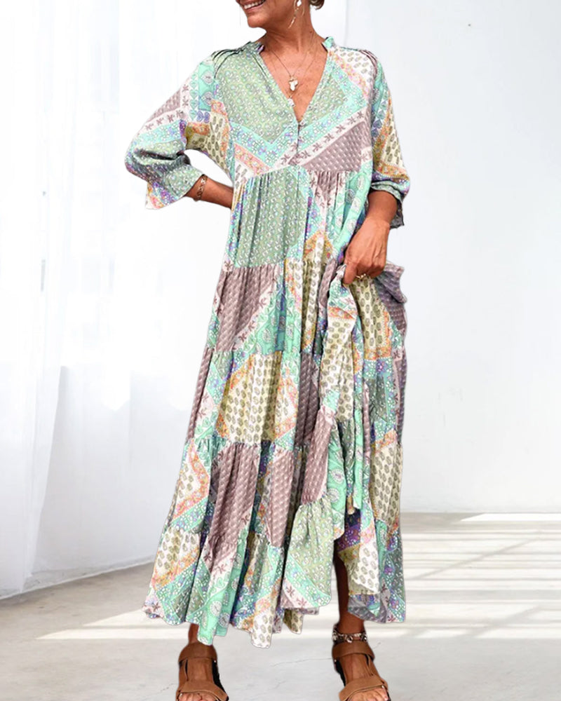 🔥2025 NEW SALES - 50% OFF🔥Color Block Print Dress with 3/4 Sleeves