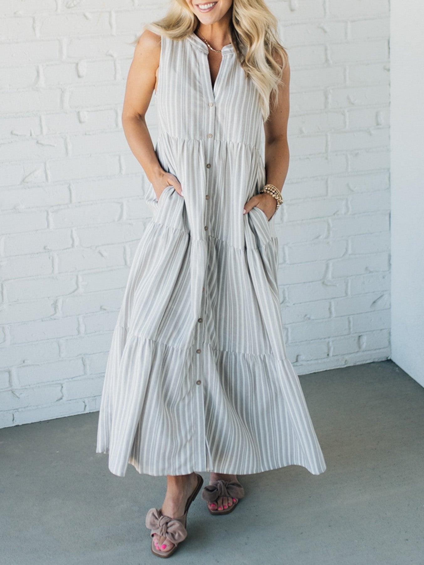 Women's V Neck Striped Button Front Tiered Dress👗