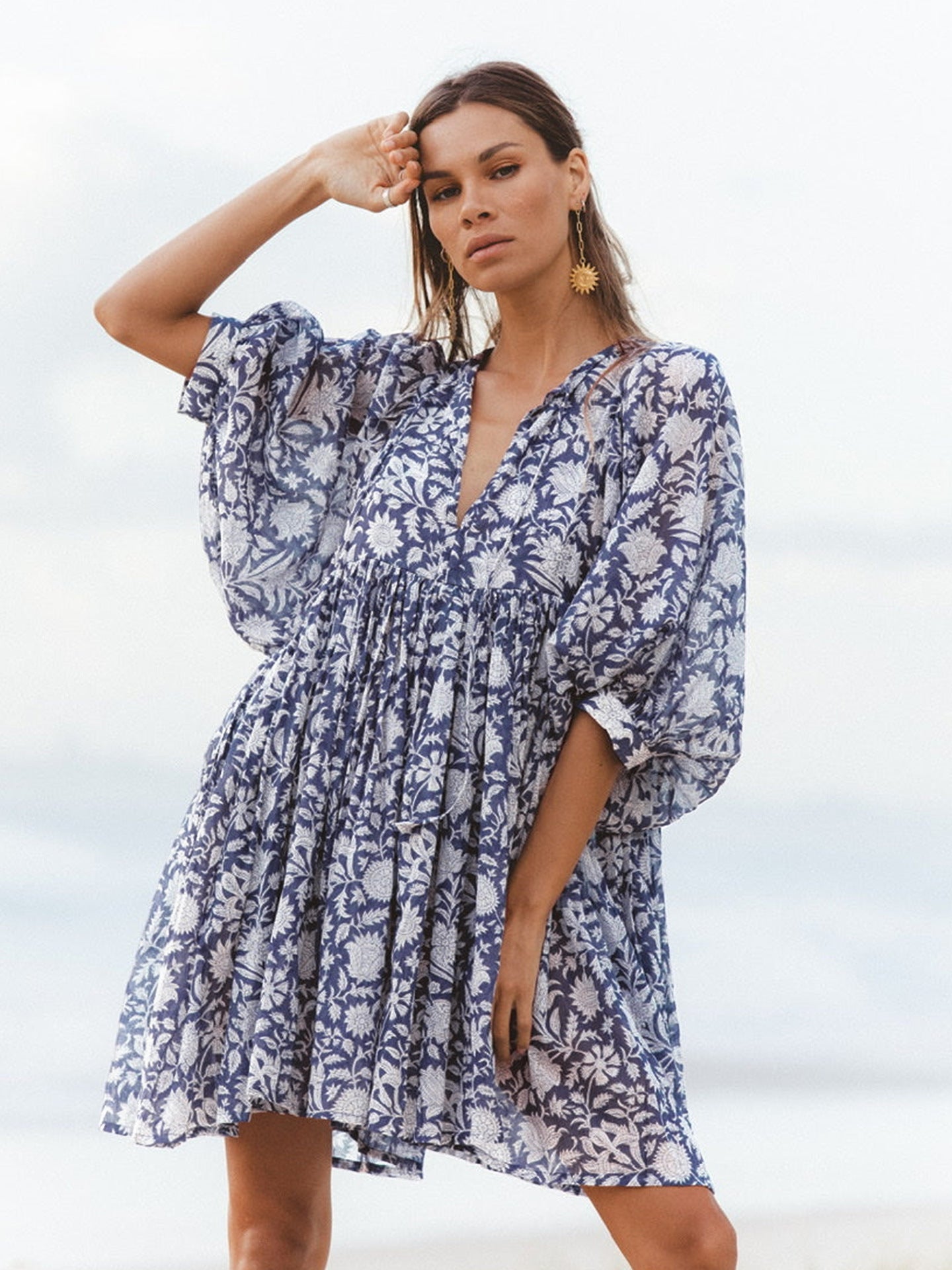 šøV Neck Summer Half Sleeve Floral Tunic Short Dress