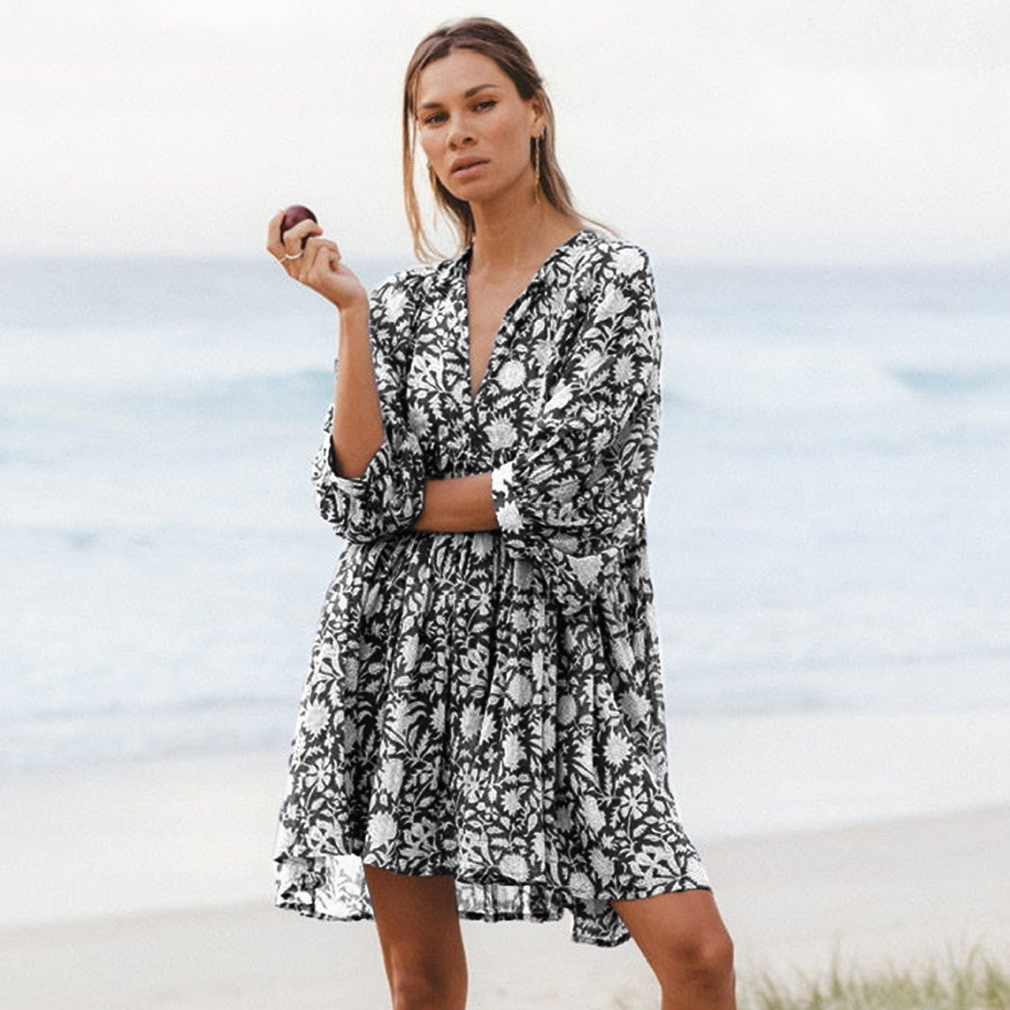 šøV Neck Summer Half Sleeve Floral Tunic Short Dress