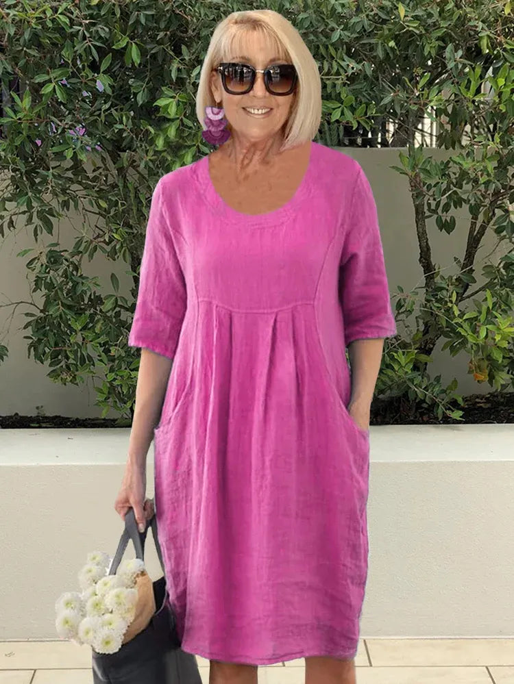 🌸Spring Specials💐 Solid Color Cotton Linen Pockets Tunic Midi Dress