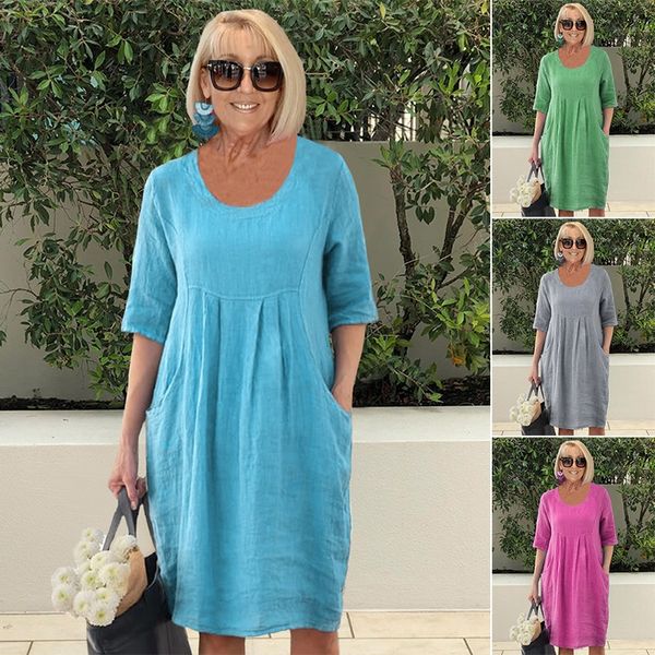 🌸Spring Specials💐 Solid Color Cotton Linen Pockets Tunic Midi Dress
