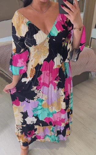 2024 Hot Saleš„šV-neck Floral Seaside Vacation Loose Dress