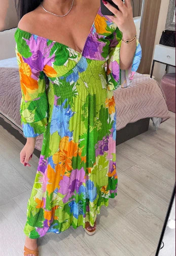 2024 Hot Saleš„šV-neck Floral Seaside Vacation Loose Dress