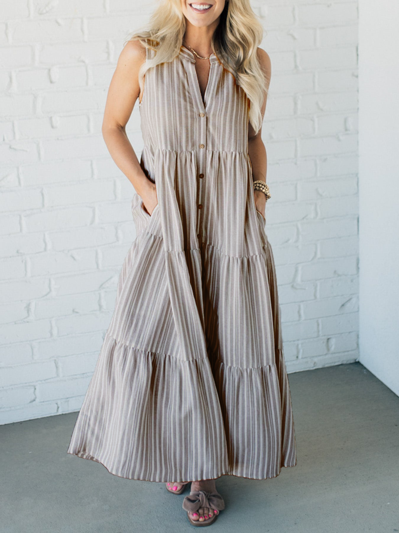 Women's V Neck Striped Button Front Tiered Dress👗