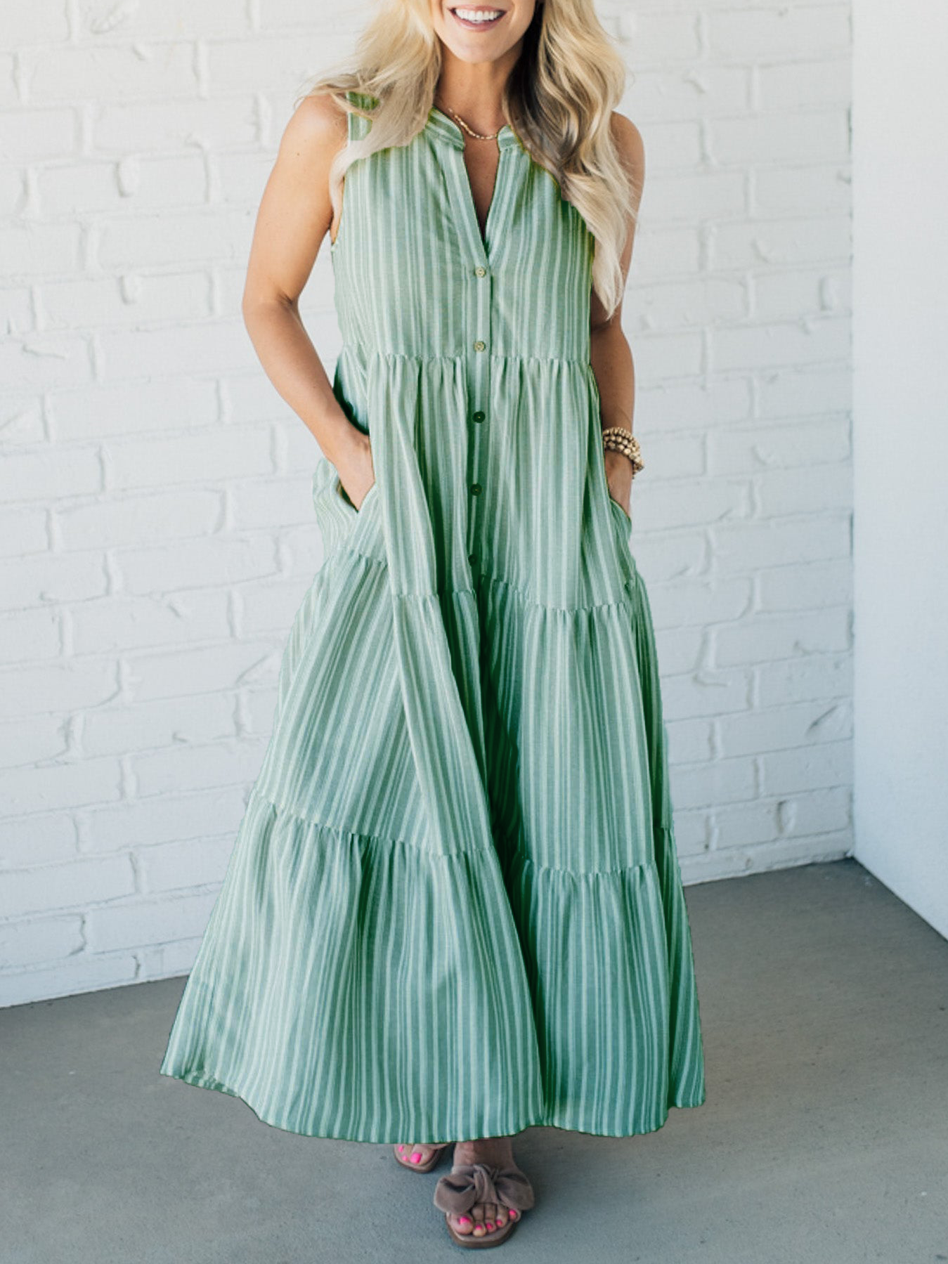 Women's V Neck Striped Button Front Tiered Dress👗