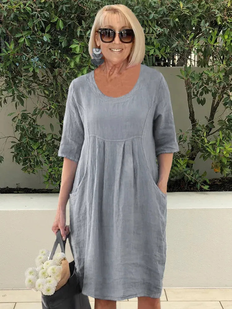 🌸Spring Specials💐 Solid Color Cotton Linen Pockets Tunic Midi Dress