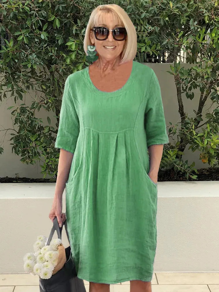🌸Spring Specials💐 Solid Color Cotton Linen Pockets Tunic Midi Dress