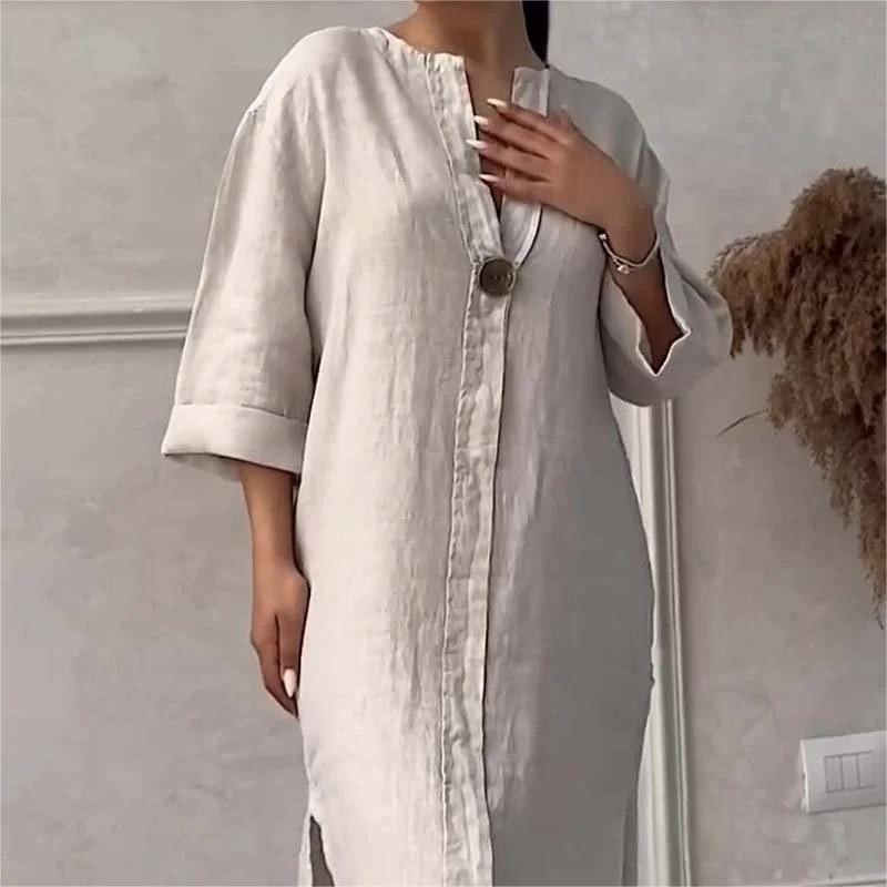 đSimple V-neck cotton and linen dress