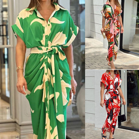 🔥SUMMER SALE 52% OFF💃Casual Lapel Neck Waist Print Shirt Dress