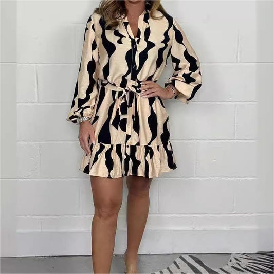 S-2XL🌷Casual Irregular Stripe Lapel Tie Waist Shirt Dress