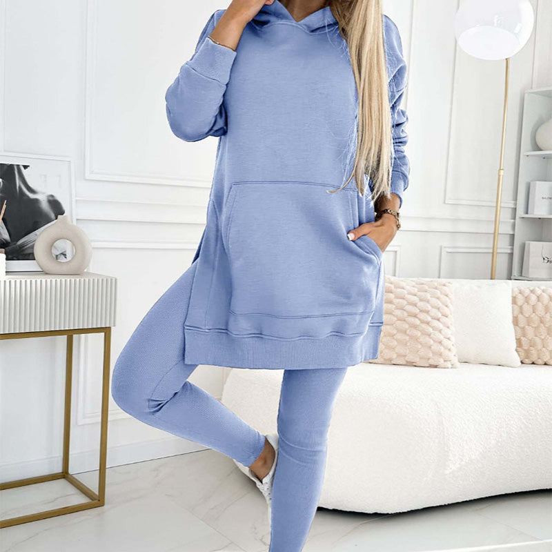 🎁Women's Fashion Solid Color Hoodie And Lined Leggings Two-Piece Set
