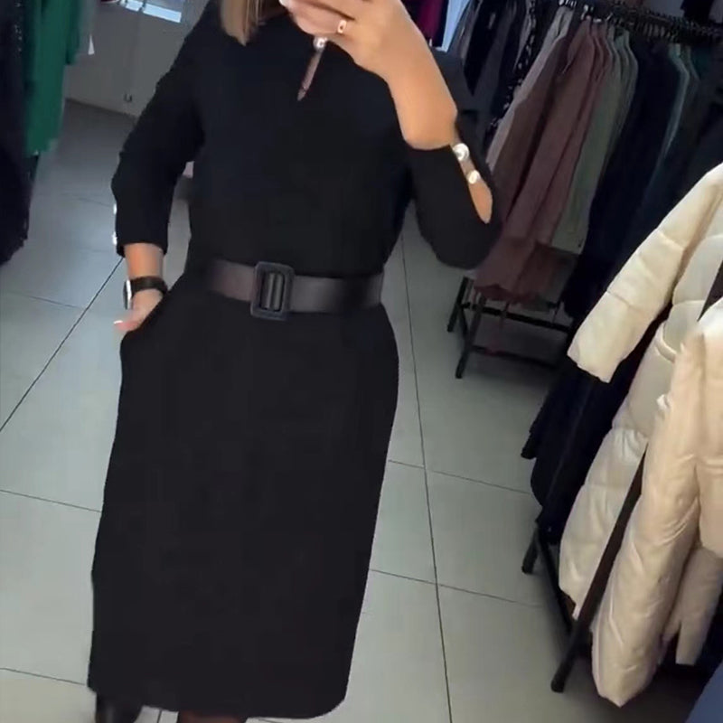 🖤Black Friday: 50 % Rabatt💥Elegantes einfarbiges Damenkleid mit Gürtel