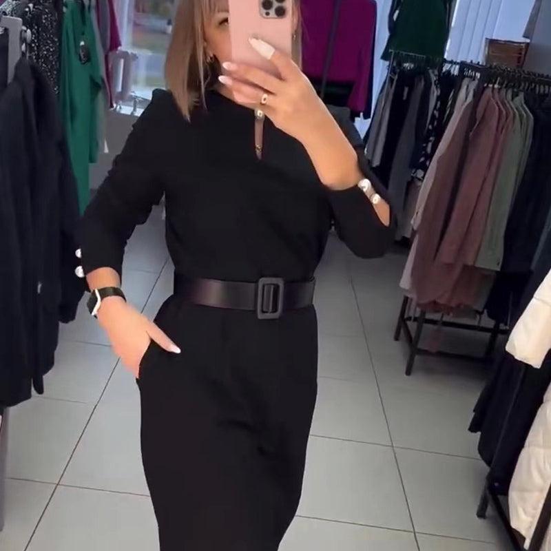 🖤Black Friday: 50 % Rabatt💥Elegantes einfarbiges Damenkleid mit Gürtel