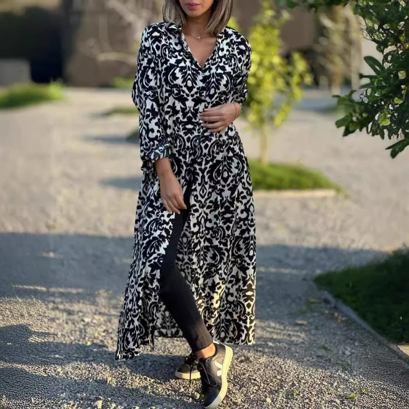 Women’s Lapel Long Sleeve Floral Dress