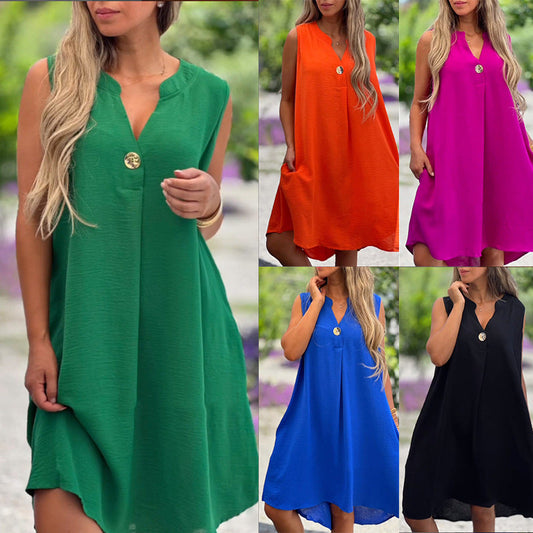 🌸Spring Specials🌸 Solid Color Sleeveless V-Neck Dress with Button Decoration