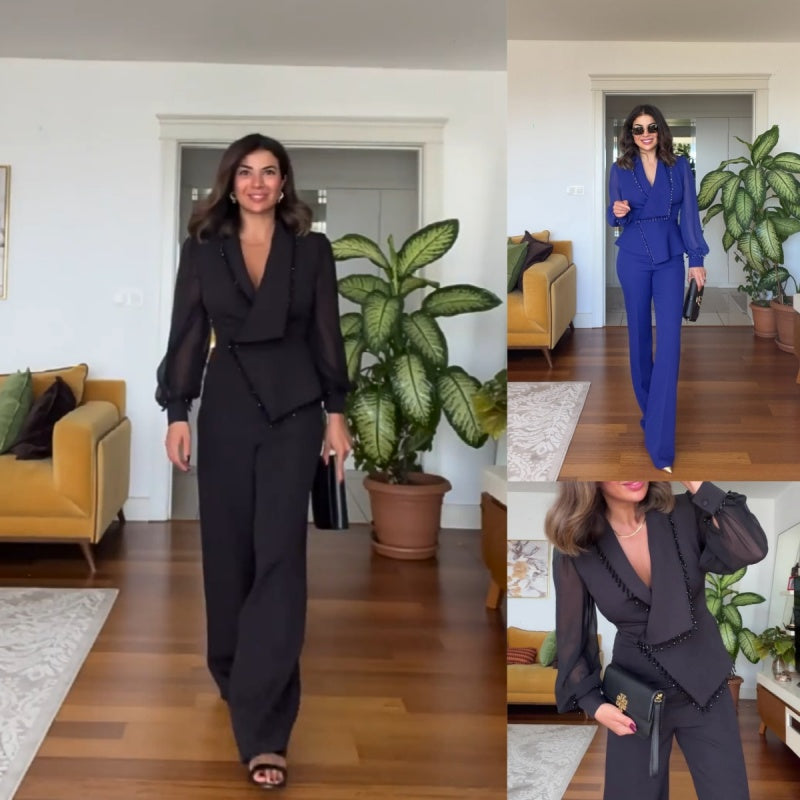 🌸Spring Specials🌸 Elegant Black Beaded Wide-Leg Jumpsuit