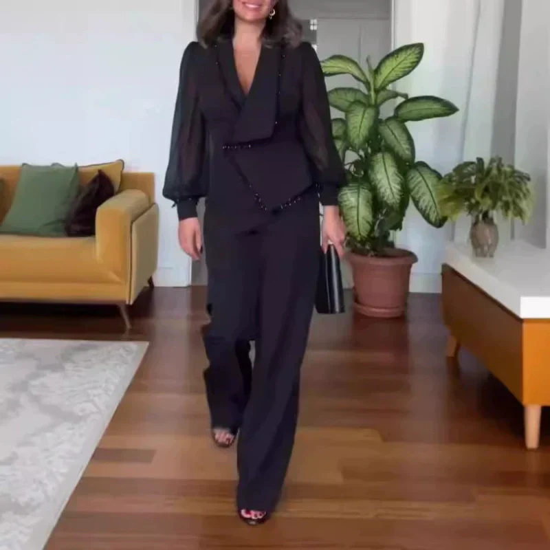 🌸Spring Specials🌸 Elegant Black Beaded Wide-Leg Jumpsuit