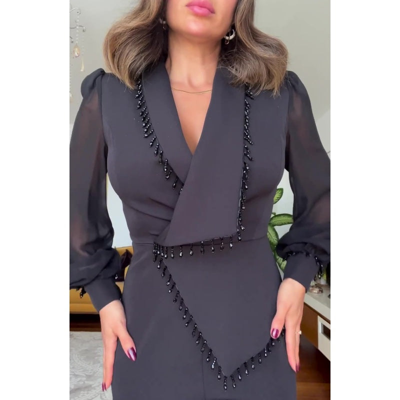 🌸Spring Specials🌸 Elegant Black Beaded Wide-Leg Jumpsuit