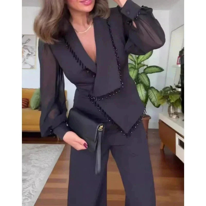 🌸Spring Specials🌸 Elegant Black Beaded Wide-Leg Jumpsuit