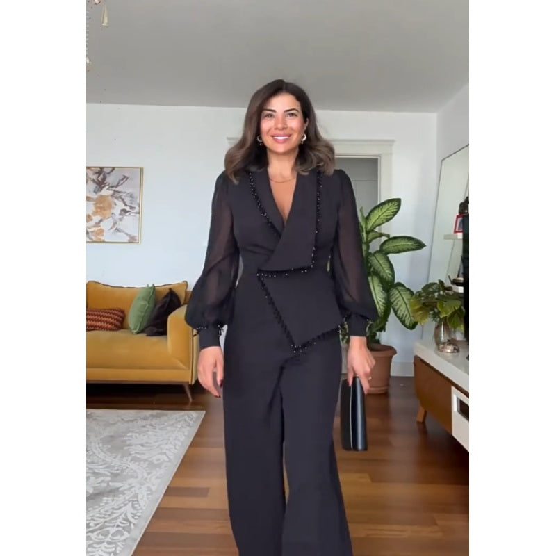 🌸Spring Specials🌸 Elegant Black Beaded Wide-Leg Jumpsuit