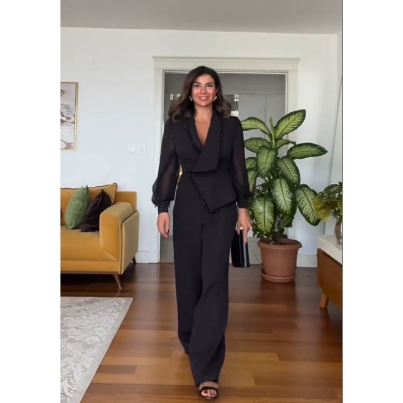 🌸Spring Specials🌸 Elegant Black Beaded Wide-Leg Jumpsuit
