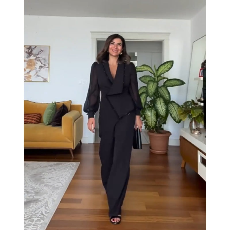 🌸Spring Specials🌸 Elegant Black Beaded Wide-Leg Jumpsuit