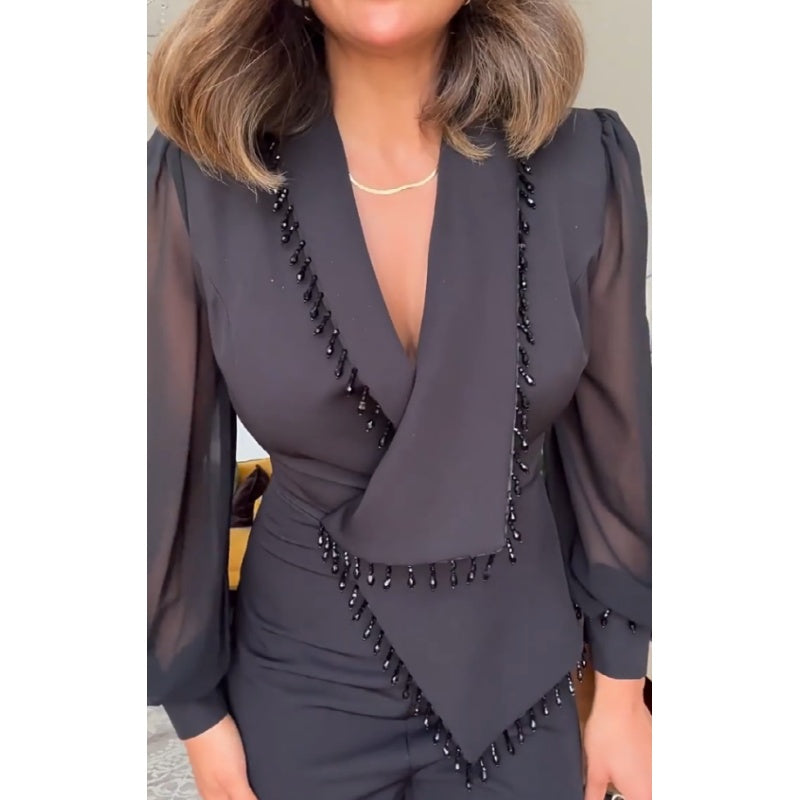 🌸Spring Specials🌸 Elegant Black Beaded Wide-Leg Jumpsuit