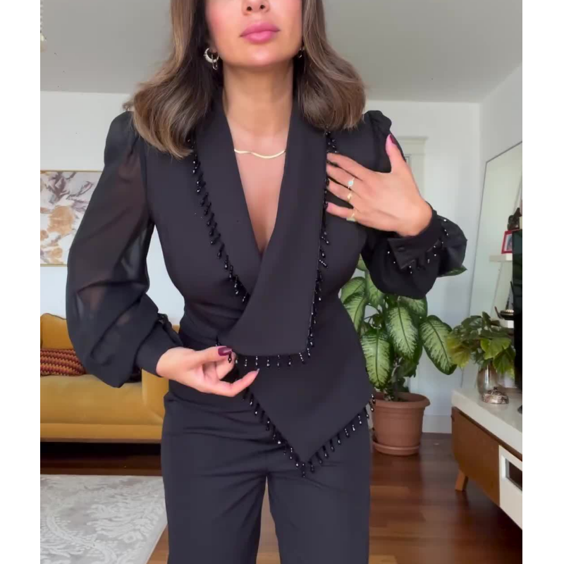 🌸Spring Specials🌸 Elegant Black Beaded Wide-Leg Jumpsuit
