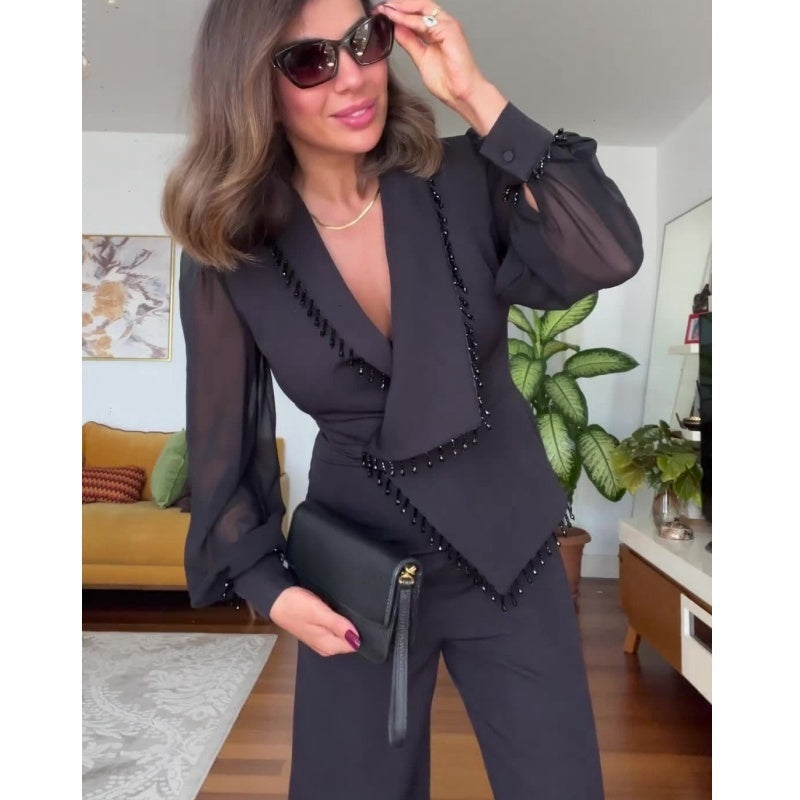 🌸Spring Specials🌸 Elegant Black Beaded Wide-Leg Jumpsuit