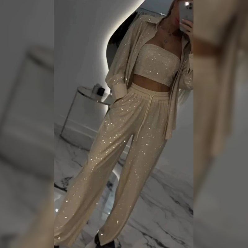 💕2025 HOT SALE💐Sequin blazer and wide trousers for women (3-piece set)