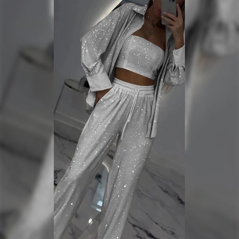 💕2025 HOT SALE💐Sequin blazer and wide trousers for women (3-piece set)