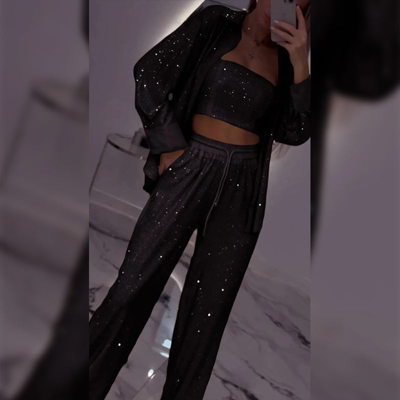 💕2025 HOT SALE💐Sequin blazer and wide trousers for women (3-piece set)