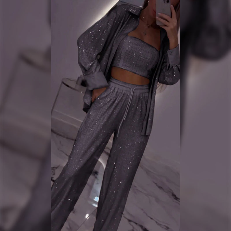 💕2025 HOT SALE💐Sequin blazer and wide trousers for women (3-piece set)