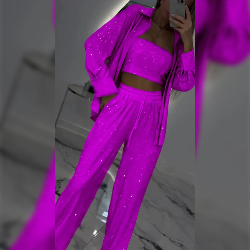 💕2025 HOT SALE💐Sequin blazer and wide trousers for women (3-piece set)