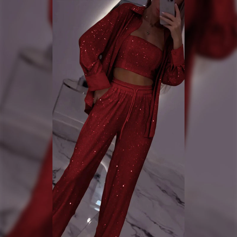 💕2025 HOT SALE💐Sequin blazer and wide trousers for women (3-piece set)